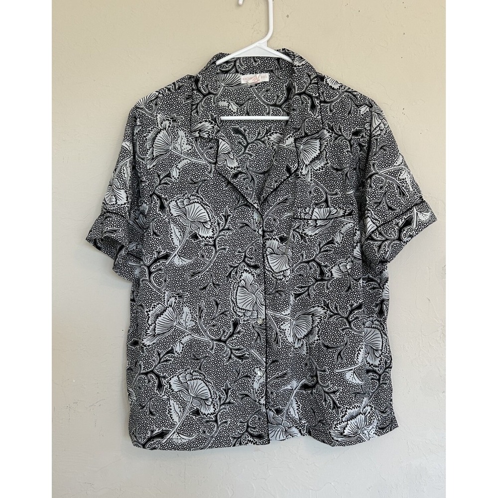 Rachel Ashwell Pajama Set L Black White Floral Shorts Button Front Lounge
